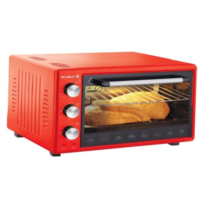 Cuptor electric Harlem® Sole, cu termostat si timer 52 lt geam termorezistent, tavi incluse 1400 W, Rosu