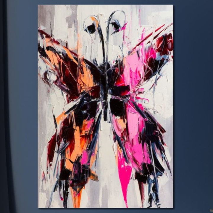 Tablou Canvas Premium, LuxCanva® M1124, Poveste in Graffiti, 70 X 100 CM, Panza Bumbac 100% 400g/m2, Sasiu Lemn, Pictura, Graffiti, Vopsea, Fluture, Insecta, Modern, Arta, Abstract, Metamorfoza, Textura, Birou, Living, Camera Copil