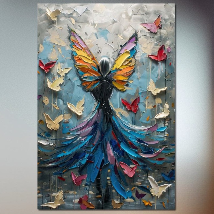 Премиум картина върху платно LuxCanva® M1125, Кралицата на пеперудите, 80 X 120 см, 100% памучно платно 400 г/м2, дървена рамка, женствена, момиче, рокля, метаморфоза, крила, пеперуди, живопис, модерна, изкуство, за офис, хол, детска стая