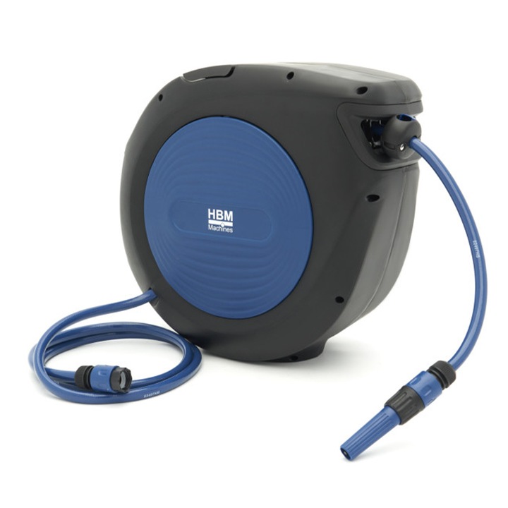 Víztömlődob, HBM Machines, falra szerlhető, meghosszabbítható tömlővel, automatikus visszahúzással és reteszeléssel, 30 m