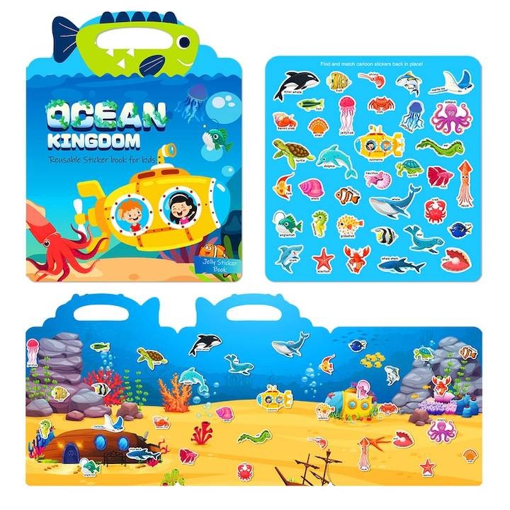 Carte educativa cu autocolante reutilizabile pentru copii, invatarea cuvintelor, carte interactiva, Regatul marin