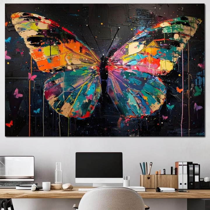 Премиум картина върху платно LuxCanva® M1127, Пеперуда в хроматичната бездна, 40 X 60 см, 100% памучно платно 400 г/м2, дървена рамка, градско, улично, модерно изкуство, пеперуди, многоцветно, за офис, хол, детска стая