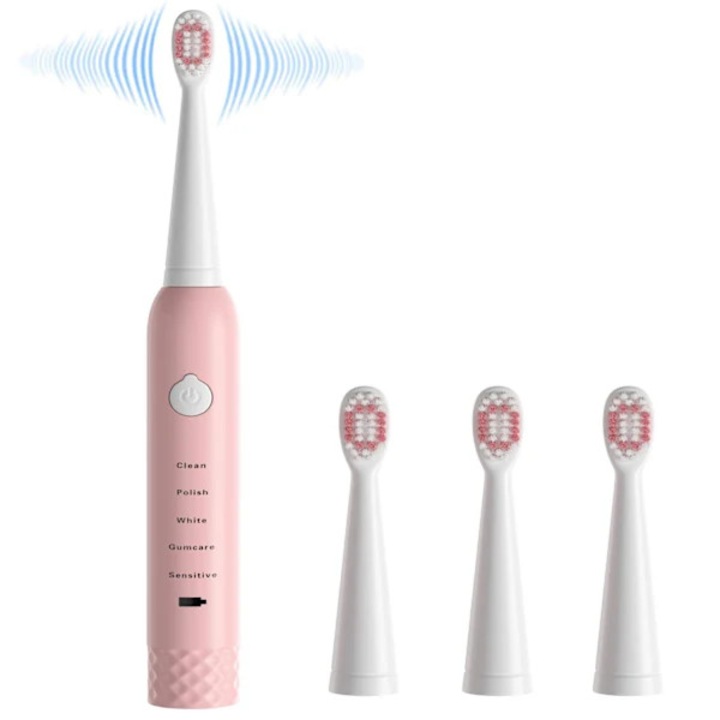 Periuta de dinti electrica sonica / periuta electrica, reincarcabila USB, 5 moduri, rezistenta la apa IPX7, capete de schimb incluse, Roz, 1 buc