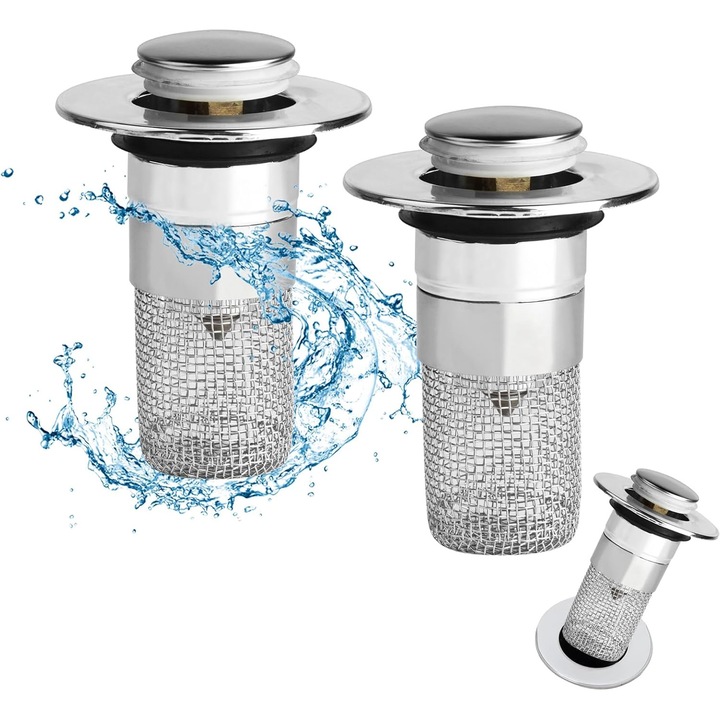 Mosogatószelep-készlet, univerzális szűrő fürdőszobába/konyhába, dugulásgátló kialakítás, szagtalanító, 33-40 mm, rozsdamentes acél - CN, 2 darabos