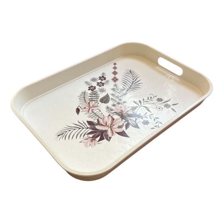 Tálalótálca tartós műanyag fülekkel, fehér, virágmintával, dekoratív, 34,5 x 25 cm