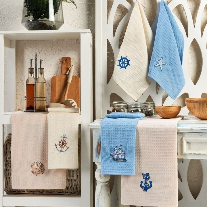 Set 6 prosoape bucatarie cu broderie marina, bumbac 100%, 40x60 cm, Eponj Home