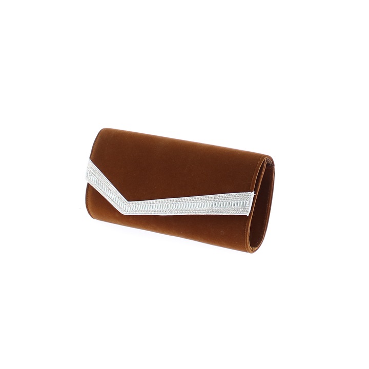 Дамска чанта клъч, кадифен синтетичен материал, ButicCochet, 26x13x6 см, с кристали, Кафява - GND476