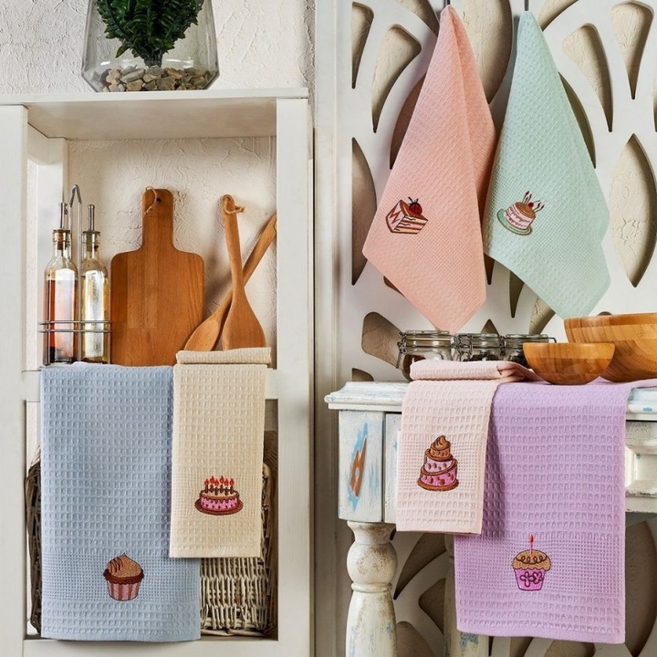 Set 6 prosoape bucatarie cu broderie cu prajituri, bumbac 100%, 40x60 cm, Eponj Home, Cake