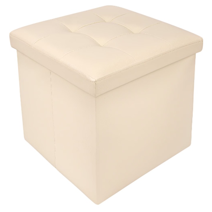 Taburet Pliabil cu Spatiu de Depozitare, Tip Cutie, Cub 38X38X38 cm, Piele ecologica, Bej