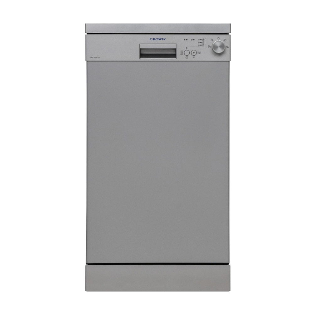 Masina de spalat vase slim Crown DWC 4508ASL, Program ECO, Start intarziat, 10 seturi, 4 programe, 2 cosuri, 45 cm, Clasa E, Argintie