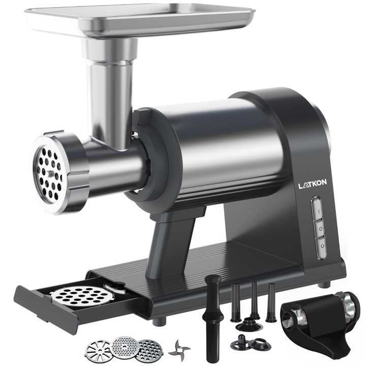 Masina de tocat carne Latkon® MG-001, 2000 W, Angrenaje Metalice, 3 Site de tocat, Accesoriu pentru suc rosii, Carnati, Kibbeh, Cutit Inox, Functie Reverse, Compartiment pentru site, Gri