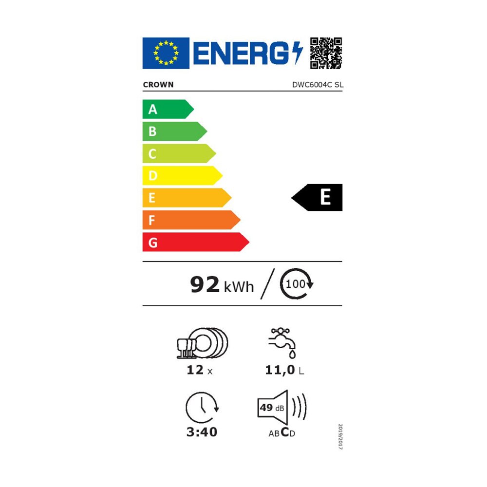 Masina de spalat vase Crown DWC6004C SL, Program ECO, Incarcare la jumatate, 12 seturi, 4 programe, 60 cm, Clasa E, Argintie
