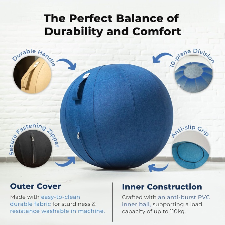 Minge fitness Backerz, 55 cm, scaun tip minge pentru exercitii, cu maner si pompa, solutie ergonomic activatoare, Albastru Inchis