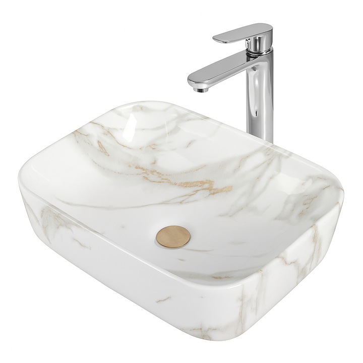 Lavoar ceramic cu montaj pe blat, NEXTLY, ceramica sanitara, design tip marmura, finisaje premium, lucios, design modern, 40x30x14 cm, alb cu insertii gri-aurii