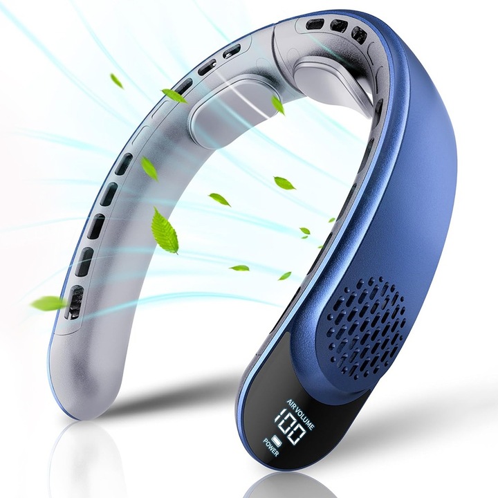 Prémium S8 DaDen, nyakventilátor, ultra hordozható, LED digitális kijelző, USB-C újratölthető, 3 sebesség, 7300 fordulat/perc, 4000mAh, kék