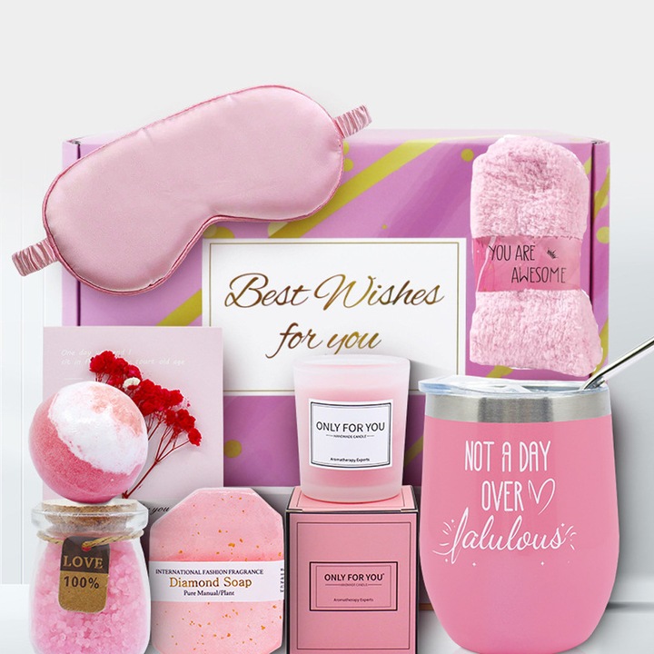Подаръчен комплект за жени от 9 части, Термо чаша 12 унции с херметичен капак, bath salt balls, ароматна свещ, дамски чорапи, Соли за баня, сапун, маска за очи, поздравителна картичка, Подаръчна кутия