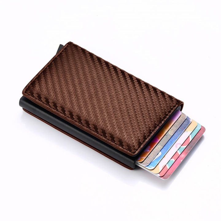 Portofel RFID barbati, piele ecologica, Ultra Slim, carbon maro, 10,3x6.6cm