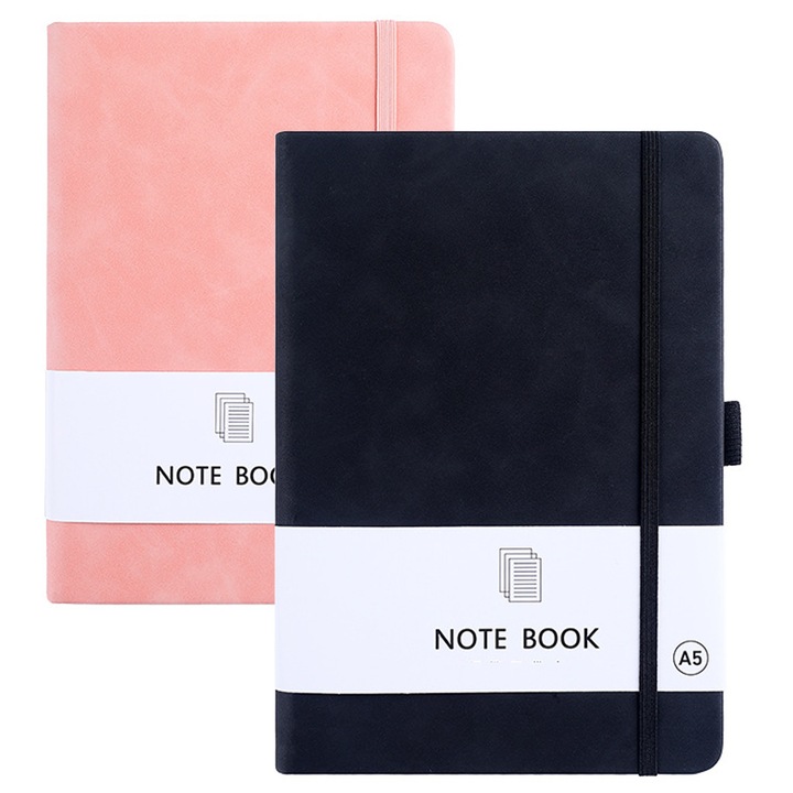 Set de 2 agende pentru planificare, Axroad Mall, A5, 200 de pagini, 80gsm, Cu linii orizontale, Coperta piele ecologica, Hartie de inalta calitate, Usor de scris, Pentru serviciu, acasa, scoala si calatorii, 21.5*15cm, Roz/Negru