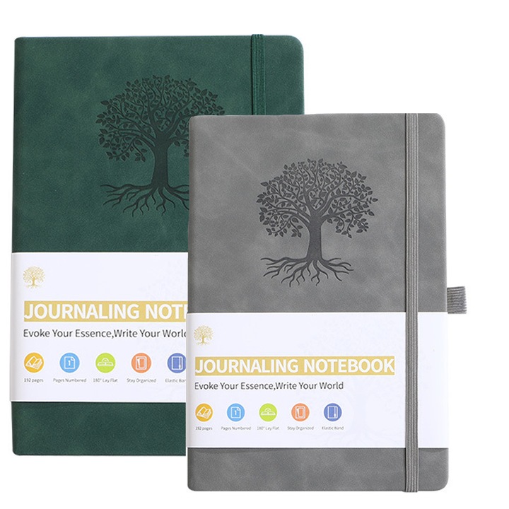 Set 2 agenda/stilou retro, Axroad Mall, Jurnal din piele cu coperta cartonata A5, 192 de pagini, 80gsm, Impermeabil, Usor de scris, Cu linii orizontale, Pentru scris, calatorii, afaceri, munca si scoala, 21*14.6cm, Verde/Gri