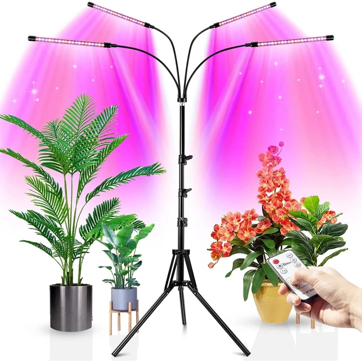 Lumina de crestere UV de interior cu 4 brate reglabile, lumina cu LED-uri, reglare ciclica pe 9 segmente, comutare tricolora, cu temporizator, cu trepied reglabil pe inaltime, priza de alimentare si USB, Negru