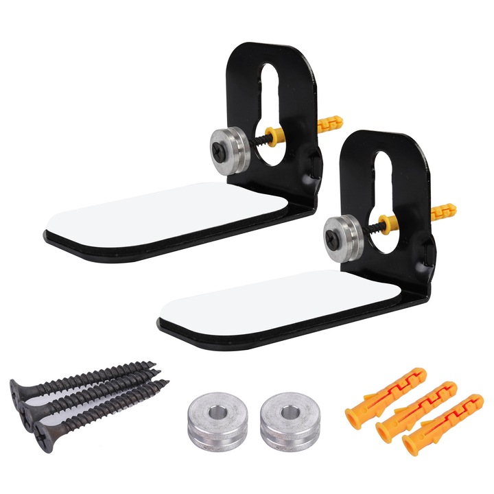 Set 2 Suporturi de Perete pentru Difuzoare, Axroad Mall, Suport de perete pentru bara de sunet, Include 3 suruburi, Greutate maxima 5 kg, solid si stabil, Usor de instalat, Compatibil cu majoritatea marcilor, Metal, 5*9*6cm, Negru