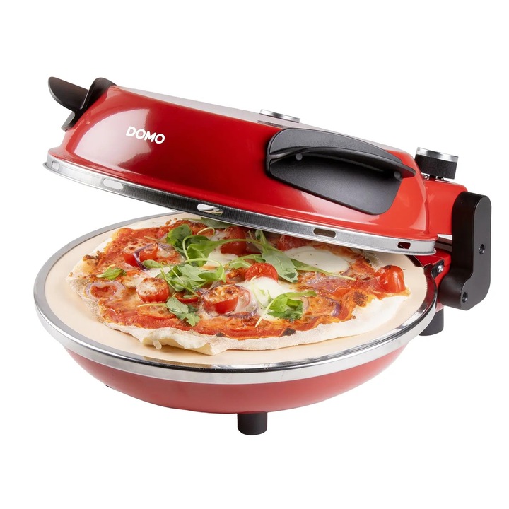 Cuptor electric multifunctional pentru pizza DOMO, My Express Pizza, Ø32 cm, temperatura maxima 400°C, potrivit si pentru omleta/quiche/pancakes, gata in doar 3 minute, piatra din ceramica, calitate premium, usor de curatat, 1200 W, rosu
