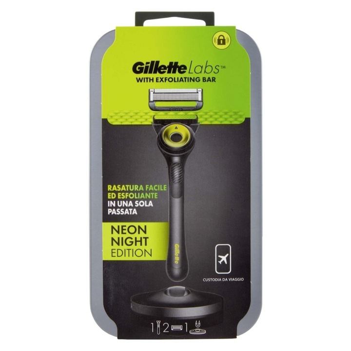 Самобръсначка Gillette Labs с 2 остриета, черна и зелена, калъф за пътуване