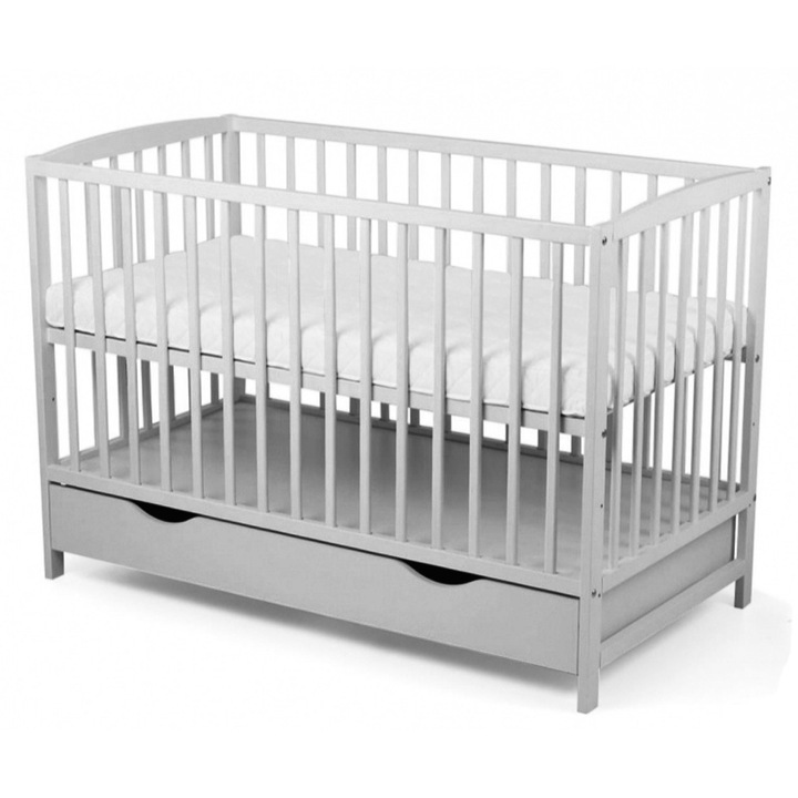 Fa babaágy, 120x60 cm Orella szürke, fiókkal, síneken és fedéllel, 3 magasságállítási szinttel