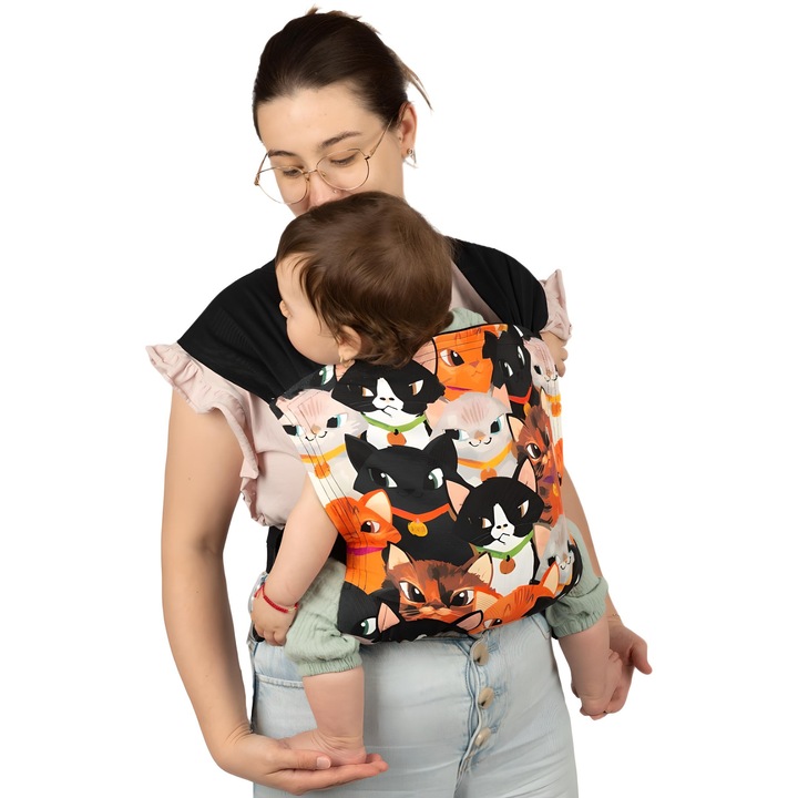 Marsupiu bebe ergonomic ajustabil si compact Kidizi Goya Cats, de la 4,5-15 kg, include saculet transport