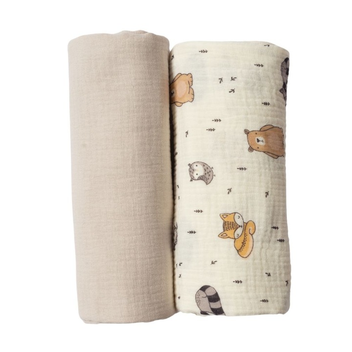 2 darabos nyári babaágynemű szett dupla muszlinból, 100x100 cm, Kidizi Cuddly Buddies, 100% pamut