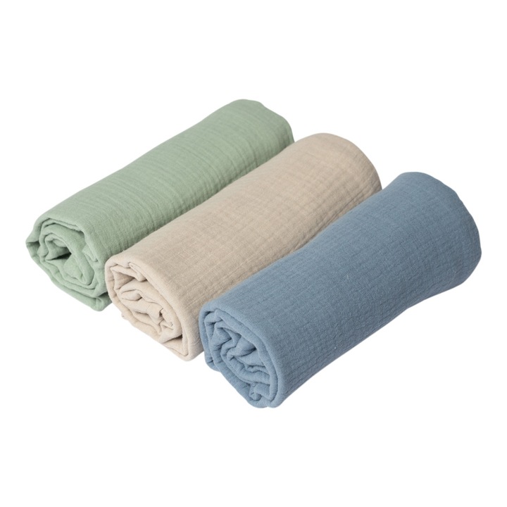 Set 3 paturici din muselina dubla moale 78x78 cm Kidizi Mint Blue, 100% bumbac