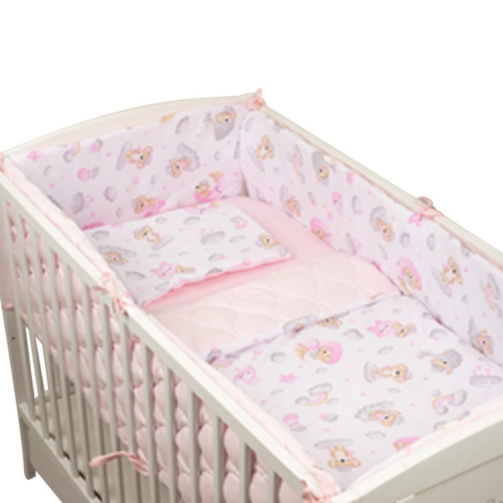 Set lenjerie patut 120x60 cm 5 piese Kidizi Koala Dreams Pink, model matlasat, include perna, plapumioara, aparatoare si cearceaf