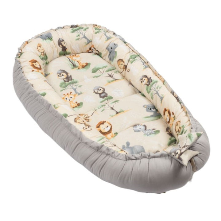 Cosulet patut bebe tip baby nest din bumbac 90x50 cm, cu doua fete Kidizi Baby Animals, bej, lavabil la masina automata