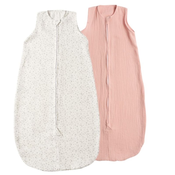 Set 2 saci de dormit de vara pentru copii din muselina dubla 3-18 Tiny Hearts Gray Old Rosa, 0.3 tog