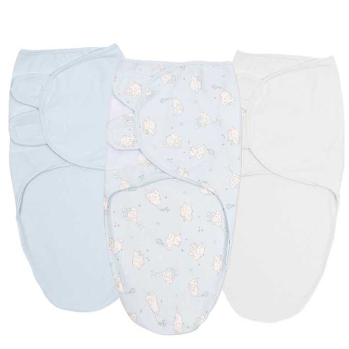 Set 3 sisteme de infasat reglabil din bumbac 0-3 luni Kidizi Elefun Blue, 100% bumbac, 0.5 tog