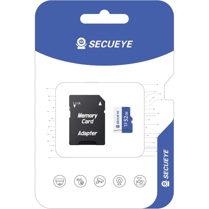 Card de memorie MicroSDXC SECUEYE 32GB, Class 10, cu adaptor, viteze de transfer 20MB/s, pentru camere de securitate