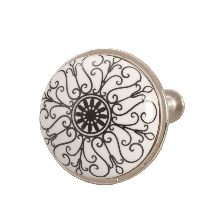 Buton mobilier ceramica alba neagra fier argintiu Ø 3x2 cm