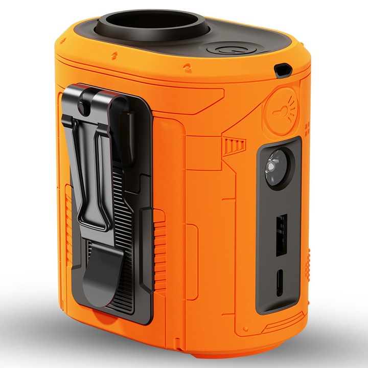Многофункционален ултра преносим вентилатор, Comando Huricane Gabrielle, с вградена външна батерия, 5000 mAh, мощност 10 W, LED фенерче, компактен, различни системи за закрепване, оранжев