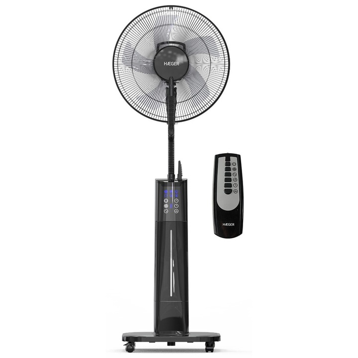 Ventilator digital cu umidificator Haeger HF-18R.002A, Timer, 3 Viteze de Aer si Abur, Telecomanda, Rezervor de 2 litri, 70W, Negru