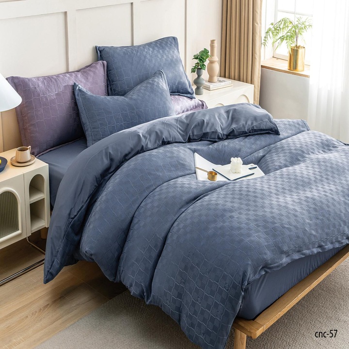 Lenjerie de Pat, Casa New Concept, Doua persoane, Cearsaf cu elastic, Microfibra, 4 piese, Model Carouri, 220 x 230 cm