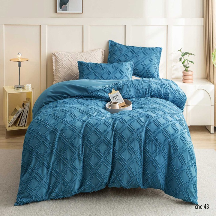 Lenjerie de Pat, Casa New Concept, Doua persoane, Cearsaf cu elastic, Microfibra, 4 piese, Model Romburi, 220 x 230 cm