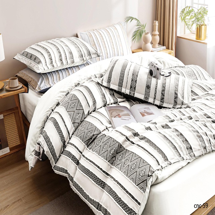 Lenjerie de Pat de Vara, Casa New Concept, Doua persoane, Cearsaf cu elastic, Microfibra, 4 piese, Model Folk, 220 x 230 cm