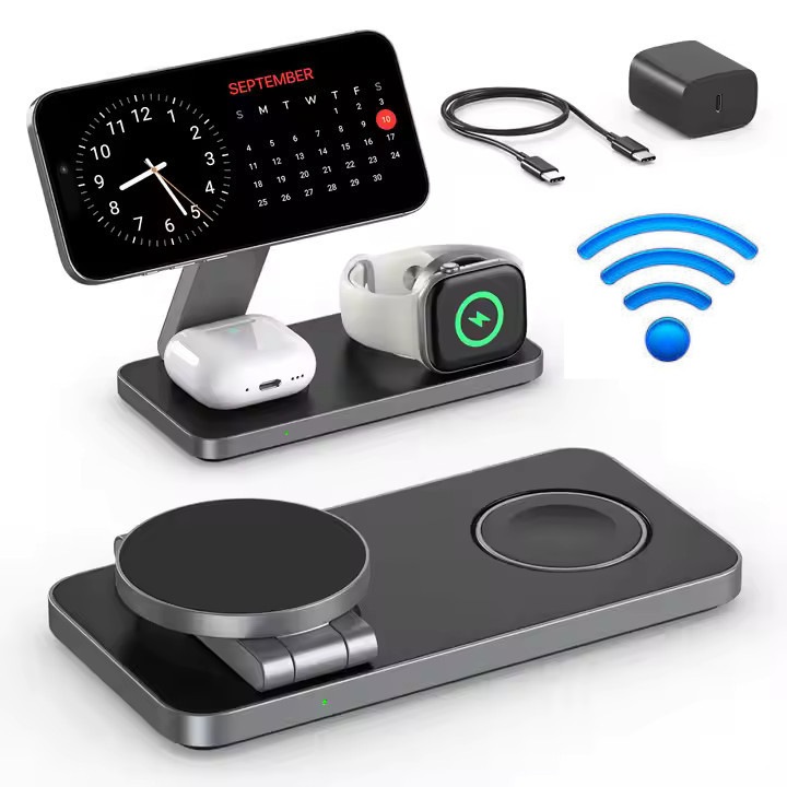 Incarcator Wireless 3‑in‑1 pliabil Dimensiuni Iphone– Fast Charger 15 W, Compatibilitate Universala cu Apple, Samsung, Xiaomi, Huawei, Airpods, Apple Watch, etc, Negru