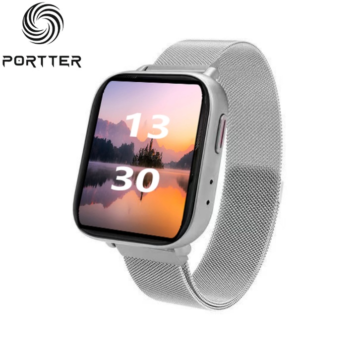 Ceas Inteligent, SmartWatch Portter® BSW036, Bluetooth 5.3, Wireless, Rezistent la apa/praf: IP67, Autonomie de pana la 5-7 zile, Ecran: 1.72 inch HD, 320*380, Ritm cardiac, Somn, Pasi, Calorii, Silver