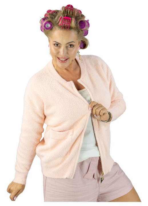 Cardigan dama scurt – croi lejer, fermoar auriu, maneci lungi si buzunare, din material pufos si calduros Roz L/XL