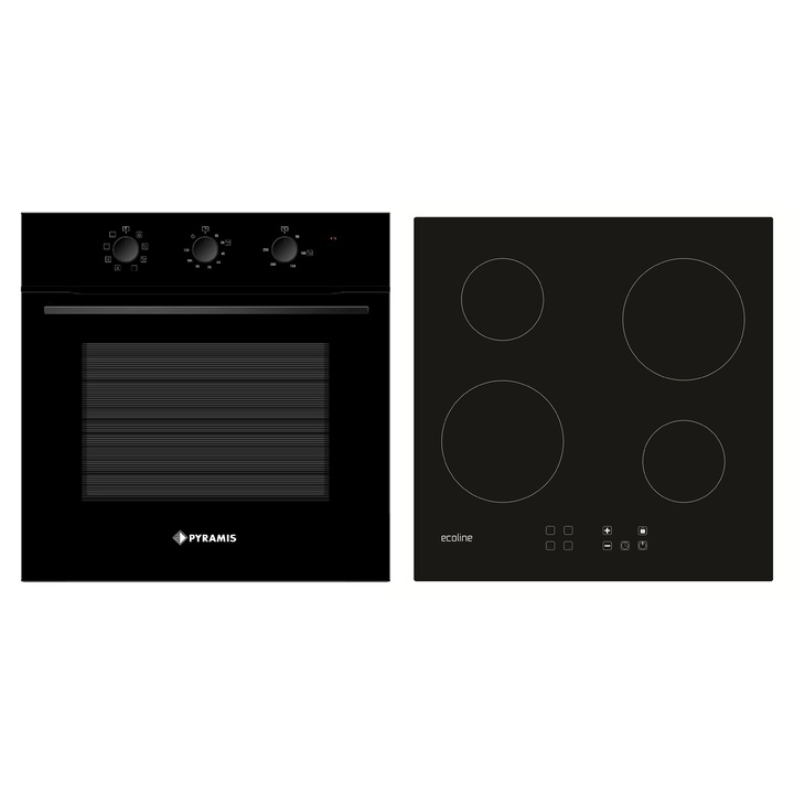 Pachet Pyramis 8P Black, cuptor electric incorporabil si plita vitroceramica, 8 functii, clasa A, volum 65 litri, Aqua Clean, butoane rotative mari, 4 zone de gatit, finisaj sticla neagra