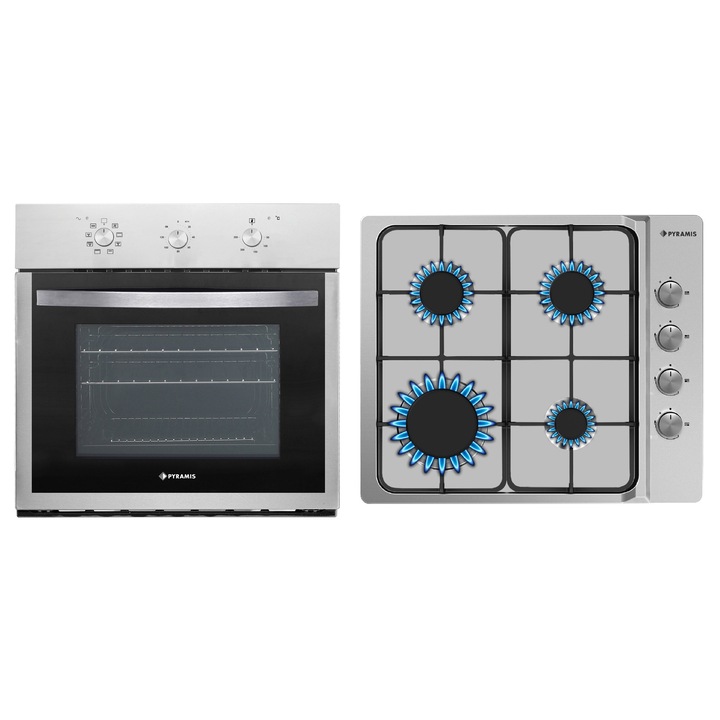 Pachet Pyramis 1P Elegant, cuptor electric incorporabil si plita gaz, 8 functii, clasa A, volum 63 litri, butoane rotative, Grill, 4 arzatoare, gratare emailate, finisaj Inox