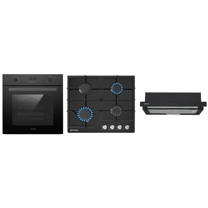 Pachet Pyramis 29P Black, cuptor electric incorporabil, plita gaz si hota telescopica, 8 functii, clasa A, volum 64 litri, Soft Close, butoane retractabile, 4 arzatoare, gratare fonta, 328 m³/h, finisaj sticla neagra