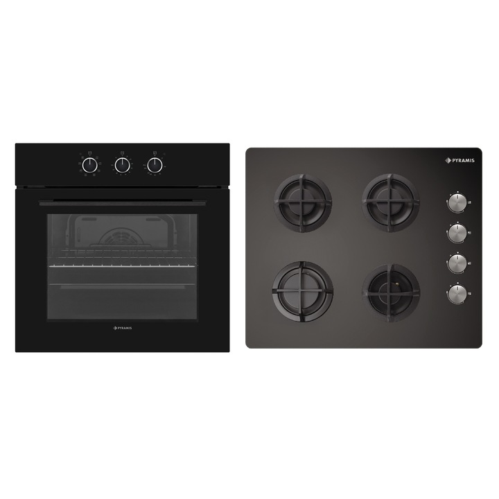 Pachet Pyramis 7P Black, cuptor electric incorporabil si plita gaz, 8 functii, clasa A, volum 69 litri, butoane rotative mari, 4 zone arzatoare, gratare fonta, finisaj sticla neagra
