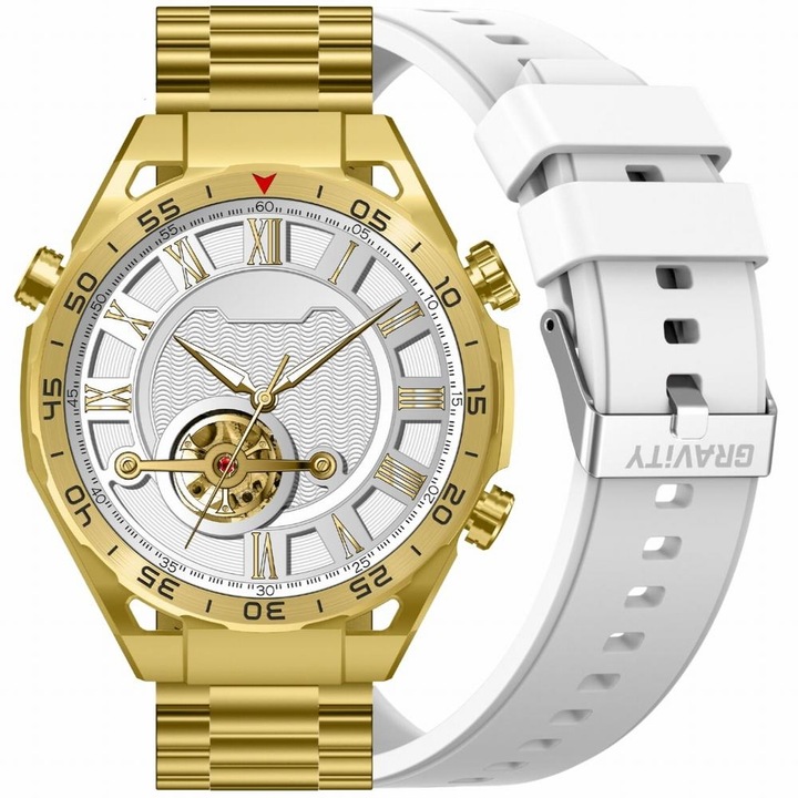 Smartwatch, Gravity, 1.39 inch, ecran tactil 360x360px, bratara din otel/silicon, set cu curea de schimb, auriu/alb